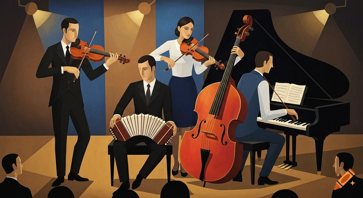 An abstract illustration in the style of Paul Klee depicts a tango sextet performing on stage with violins, bandoneon, cello, and piano under spotlights.