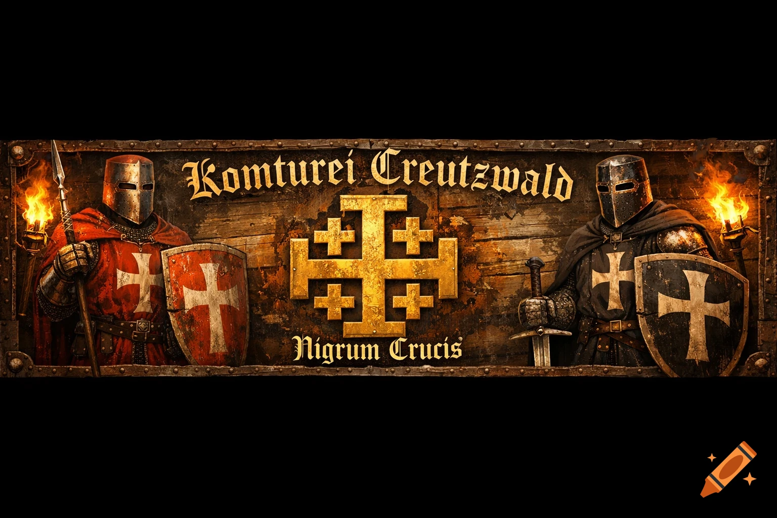 Two medieval knights in armor flank a golden Jerusalem cross and a wooden banner with text, illuminated by torches.