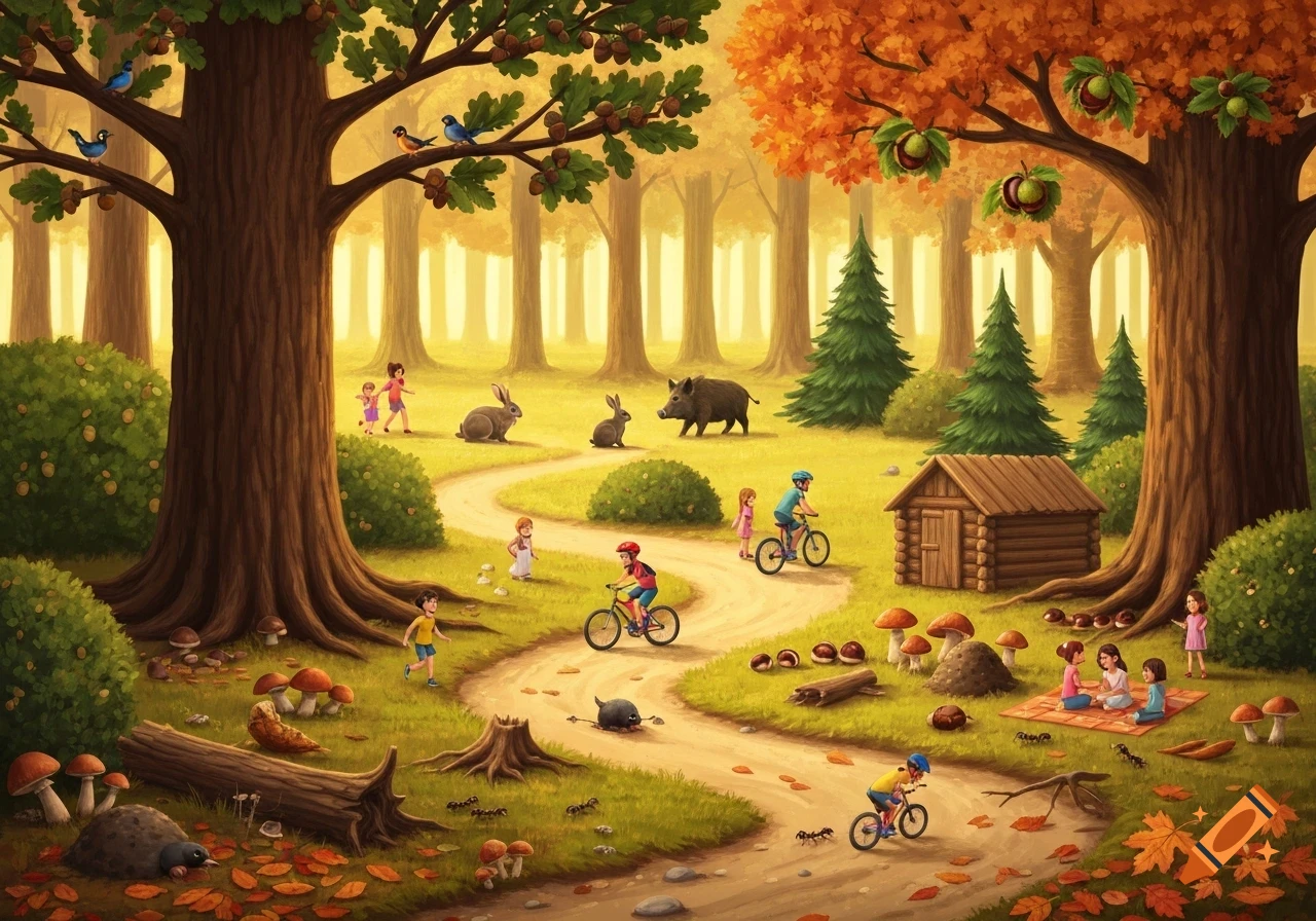 A detailed cartoon illustration of a lively forest scene with children biking, walking, and picnicking, alongside various animals.