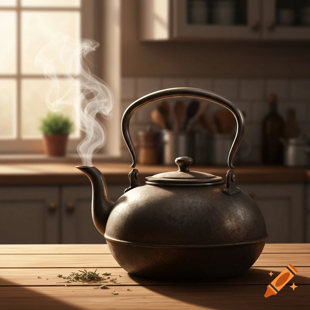 A rustic old metal kettle steams on a wooden counter in a softly lit kitchen.