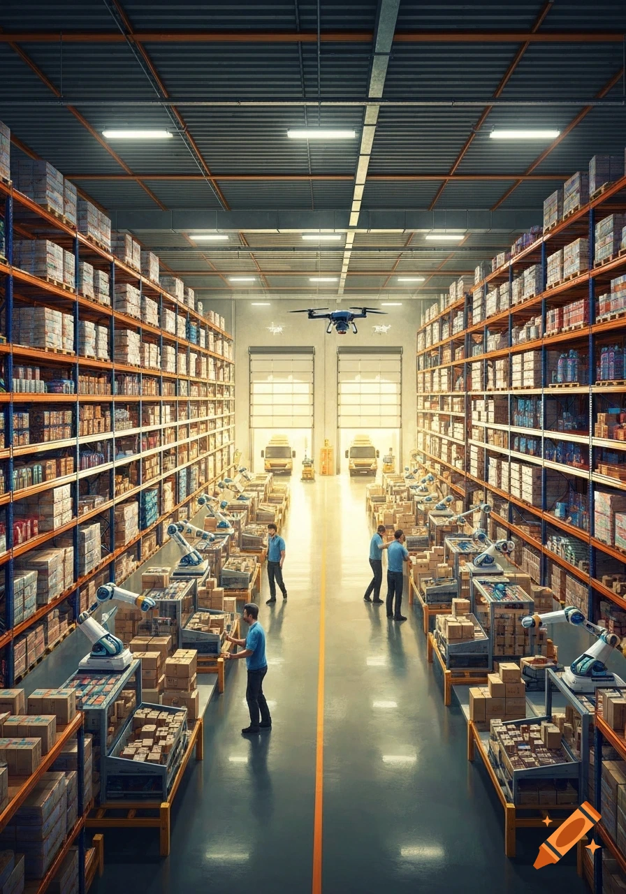 Photorealistic image of a modern warehouse with workers, robotic arms, a drone, and rows of shelves stacked with goods.