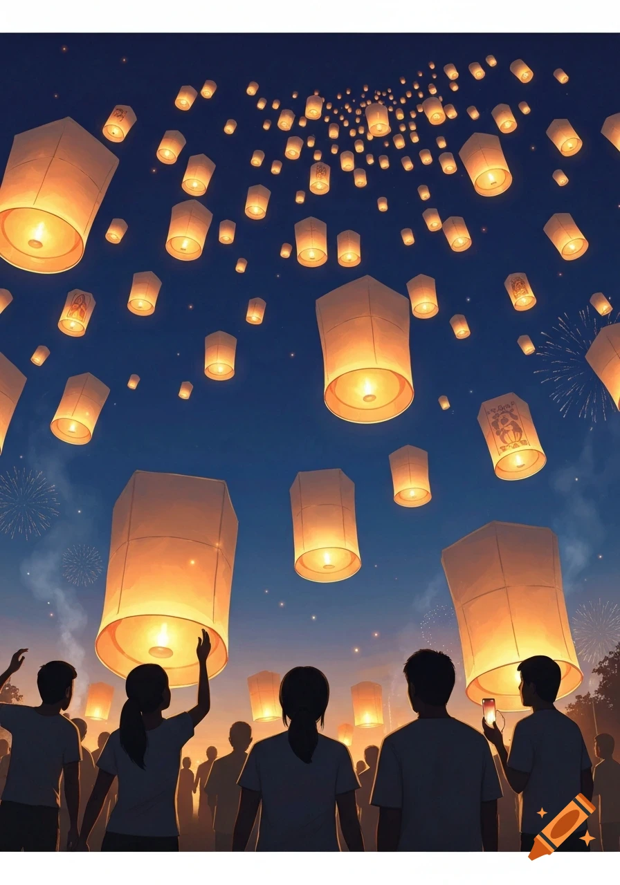 A crowd of people releasing and watching numerous glowing sky lanterns float into the dark blue night sky during a festival.