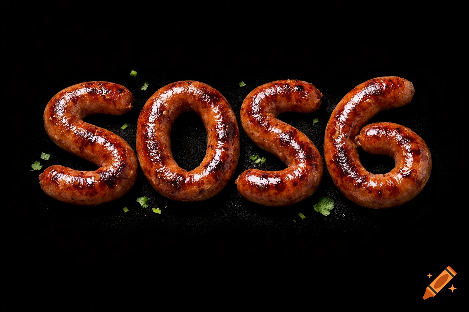 Grilled sausages spell out "SOS6" on a dark background, garnished with chopped green herbs in a top-down shot.