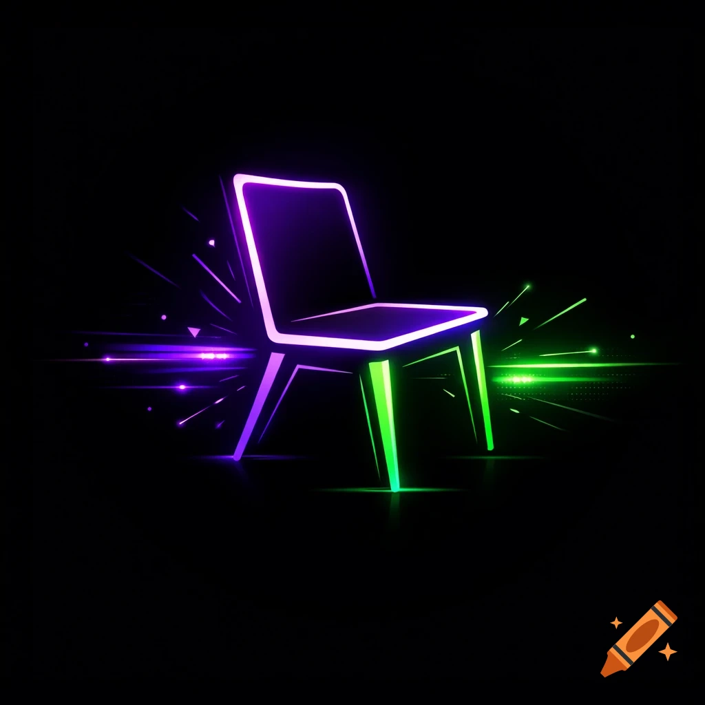 A glowing neon purple and green chair logo on a black background with light streaks.