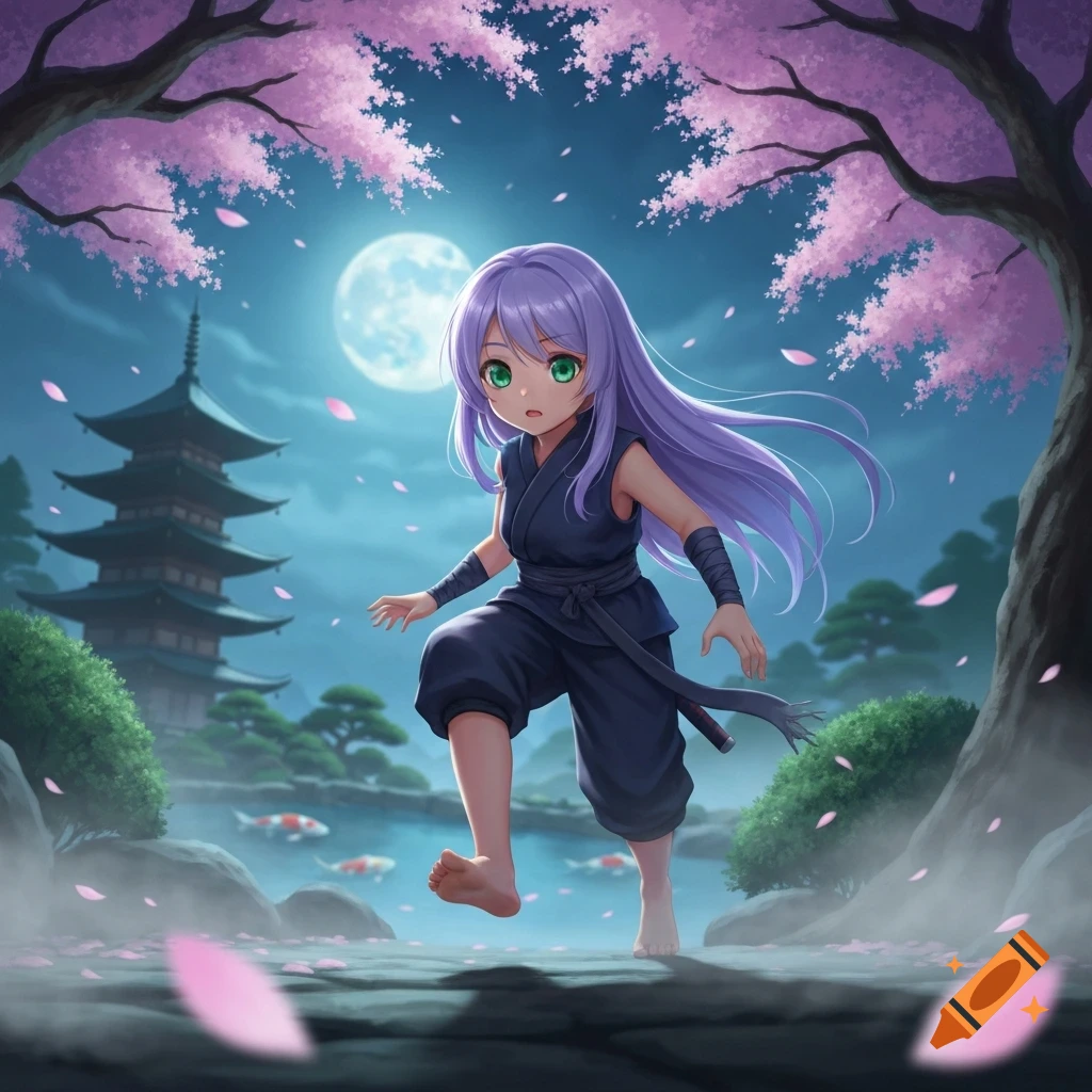 Anime girl barefoot sneaking around in a moonlit Japanese garden with a pagoda and cherry blossoms.