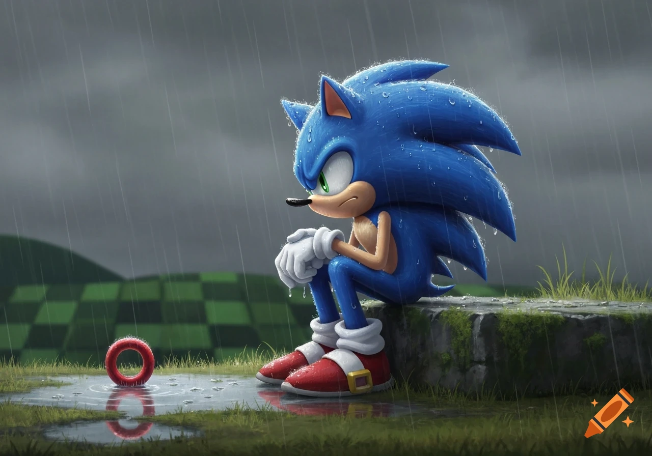 Sad Sonic the Hedgehog sits alone on a wet stone block in the pouring rain next to a golden ring, with green hills in the distance.