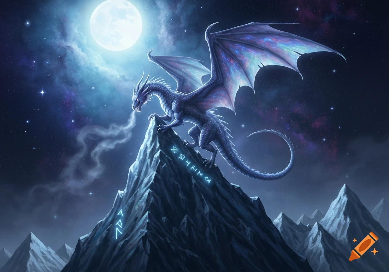 A blue dragon with iridescent wings perches on a glowing rune-covered mountain under a full moon and starry night sky.