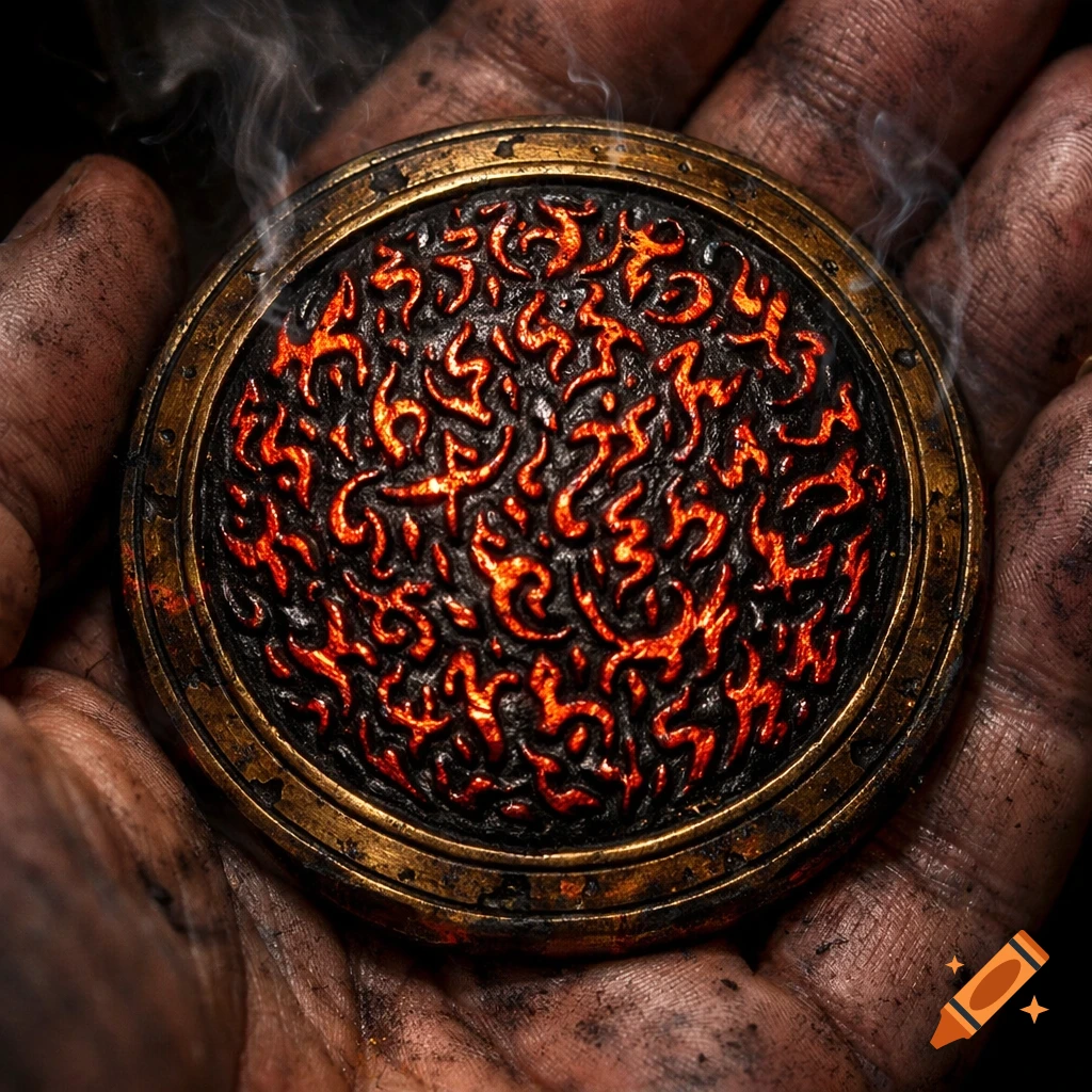 Close-up of dirty hands holding a glowing, ornate brass and iron medallion with infernal script and smoke.