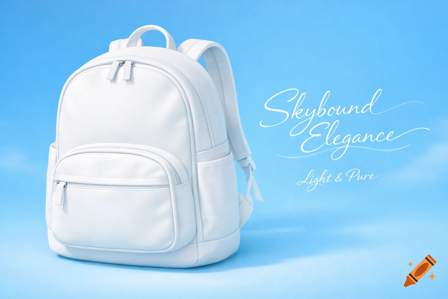 A clean white backpack stands on a light blue background, with 'Skybound Elegance Light & Pure' text.