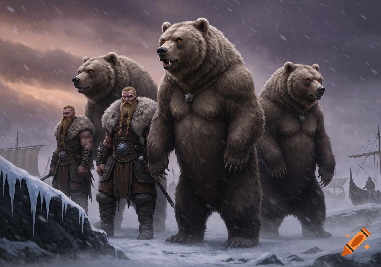 Two bearded Vikings and three large brown bears with red eyes stand in a snowy storm with longships visible in the background.