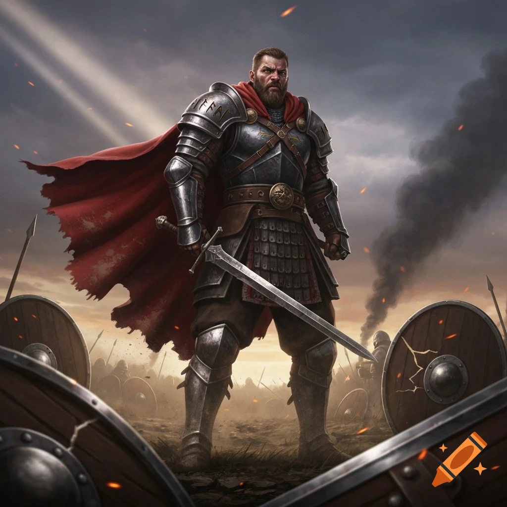 A powerful German warrior in detailed armor and a red cape stands on a battlefield, holding a sword amidst smoke and fallen shields.