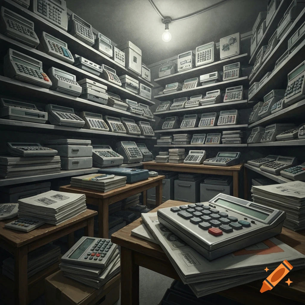 A dimly lit storage room filled with shelves and tables overflowing with vintage calculators and stacks of paper.