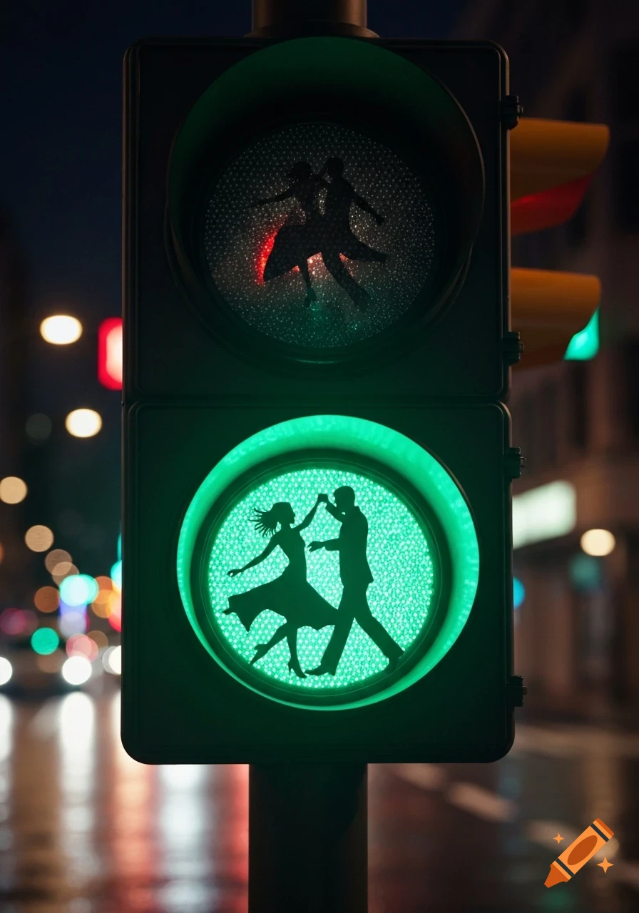 A photorealistic night scene of a traffic light, with its lower green signal showing silhouettes of a dancing couple.