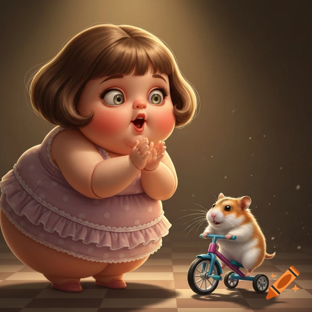 A cute, chubby cartoon doll in a pink dress claps, watching a hamster ride a blue tricycle on a checkered floor.