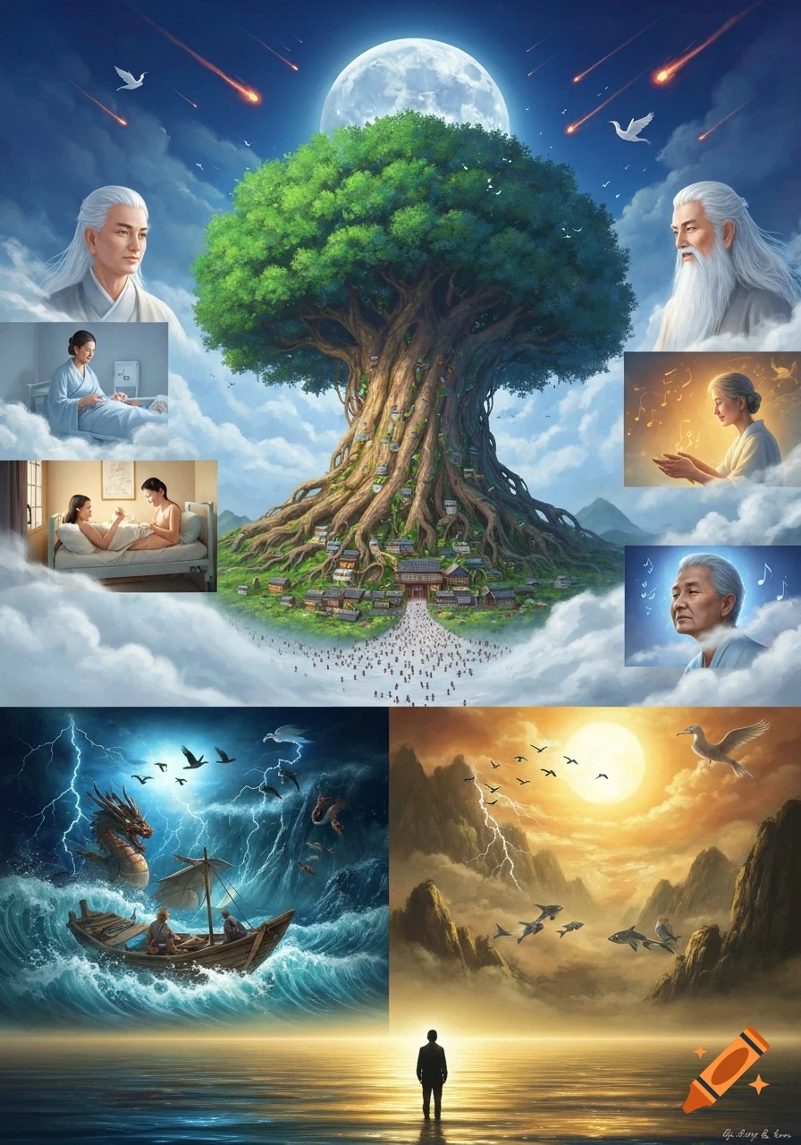 A fantasy collage featuring a giant tree village, mystical sages, a birth scene, an old woman, a stormy sea with a dragon and boat, and a person standing in calm, golden waters.