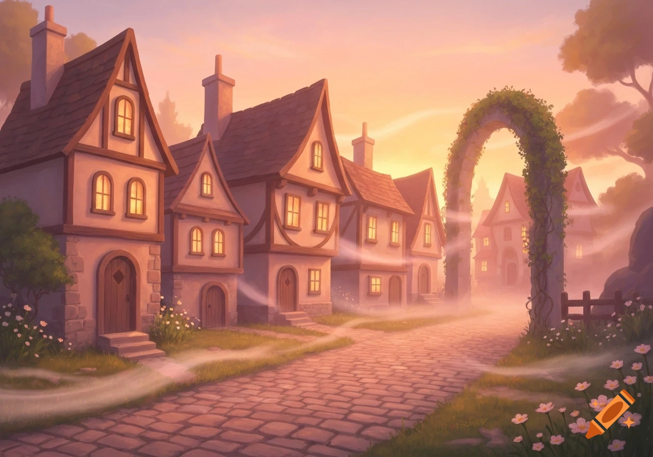 A charming fantasy village street at sunset, with whimsical houses and a vine-covered archway, bathed in warm, soft light.