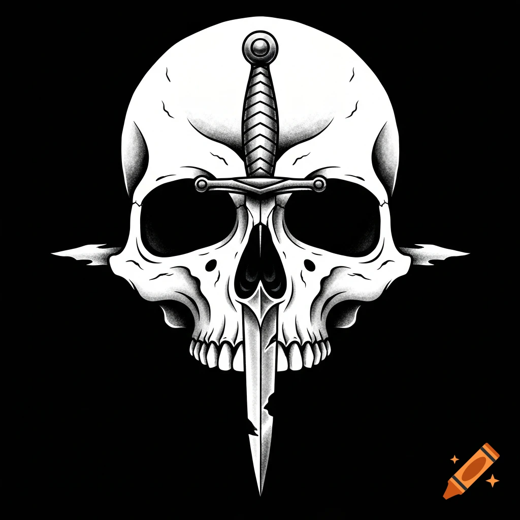 A stylized white skull with a black outline and a dagger piercing through its eye sockets, set against a solid black background.