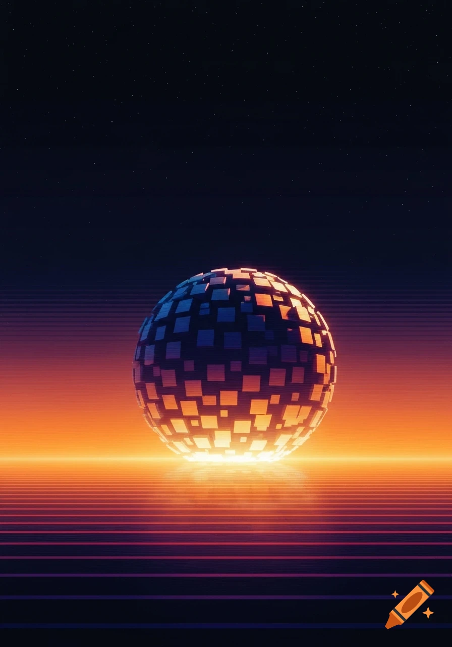 A glowing, pixelated sphere like a moon over a retro orange and purple grid horizon under a dark starry sky. Digital art.