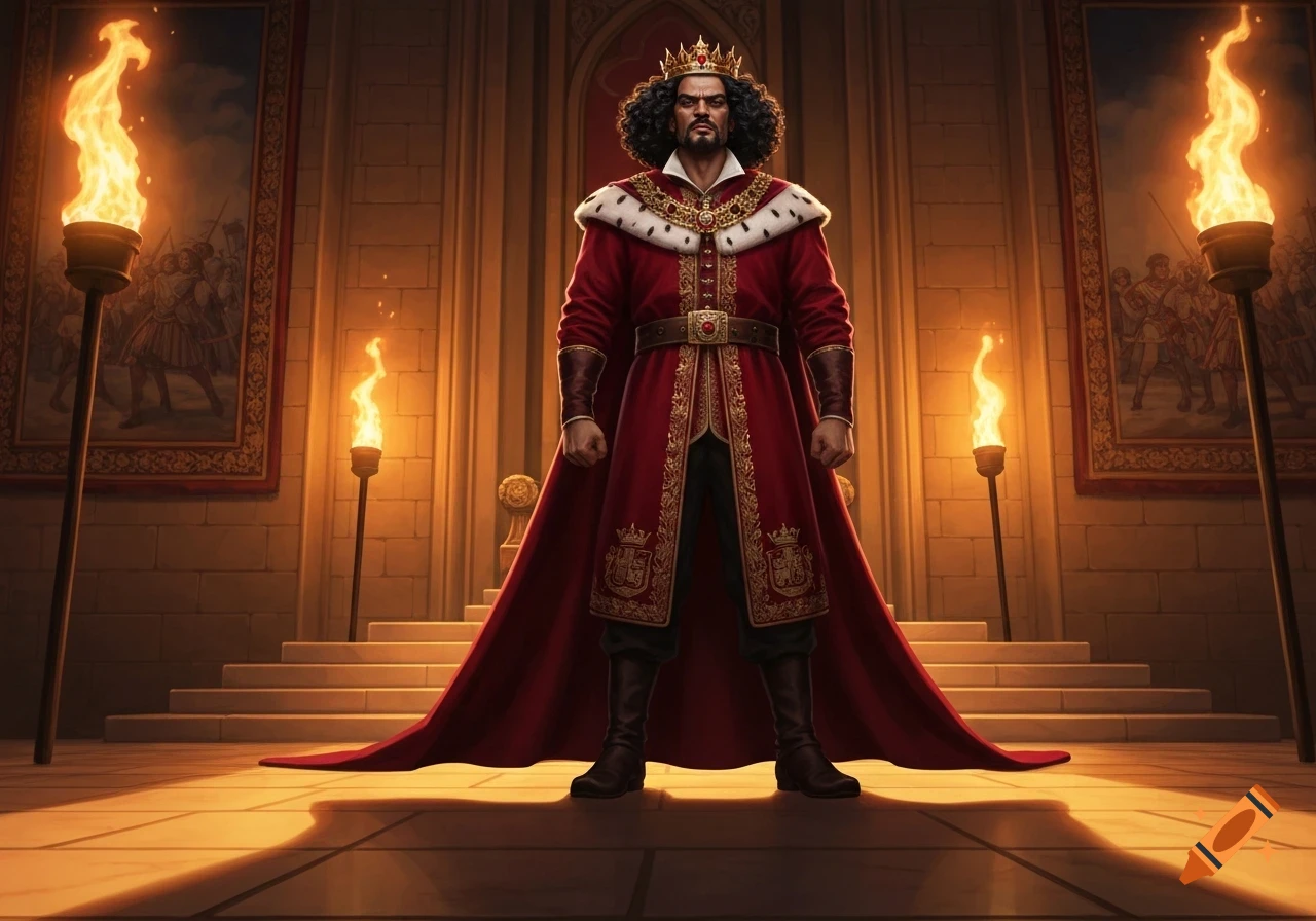 A regal king with black curly hair and a red, gold-trimmed robe stands confidently in a torch-lit palace hall.