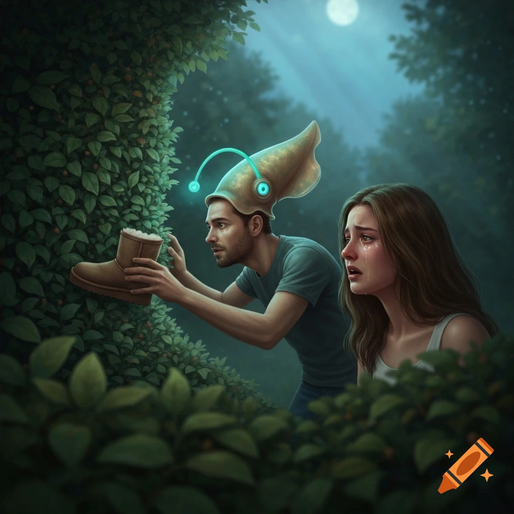 A man in a squid-like hat searches a bush for a boot as a woman cries beside him in a mystical forest at night.
