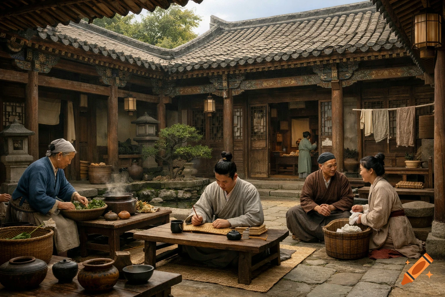 Photorealistic scene of daily life in a traditional Han dynasty Chinese courtyard with people cooking, writing, and conversing.