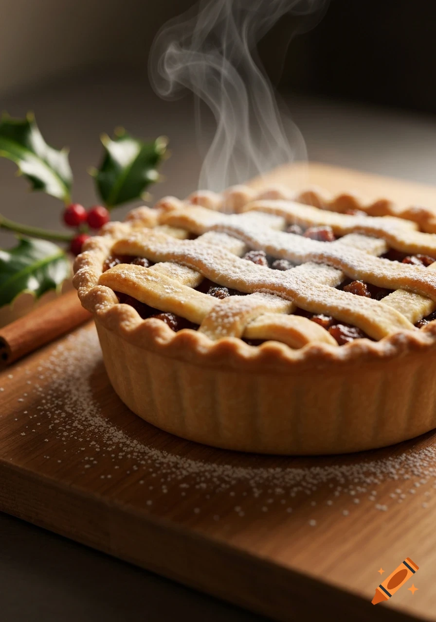 A steaming mince pie with a lattice top, dusted with powdered sugar, sits on a wooden board next to holly and a cinnamon stick. Photorealistic.