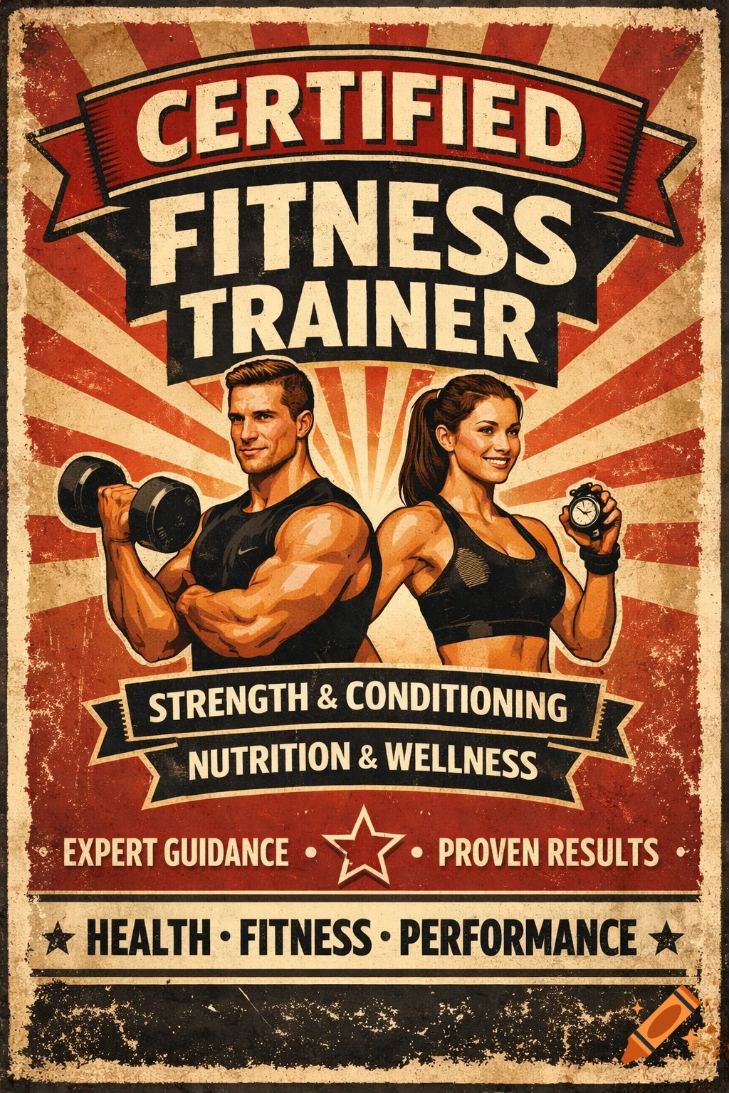A vintage-style fitness poster features a muscular man holding a dumbbell and a smiling woman holding a stopwatch.