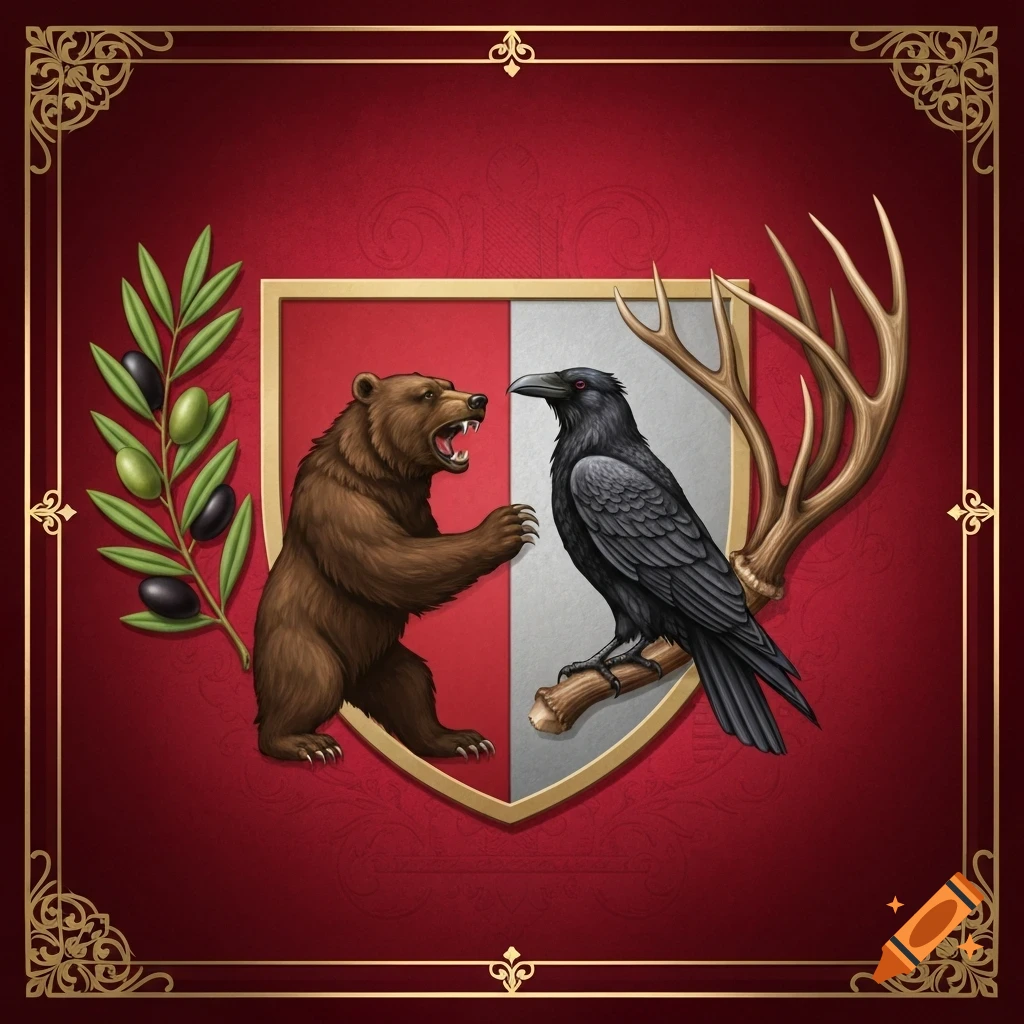 A stylized coat of arms with a brown bear and a black raven on a shield, flanked by an olive branch and deer antlers, on a red background with a golden ornate border.