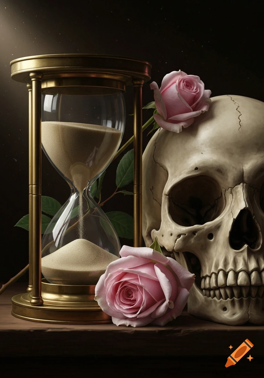 A photorealistic still life featuring a brass hourglass, a human skull, and pink roses on a dark wooden surface.