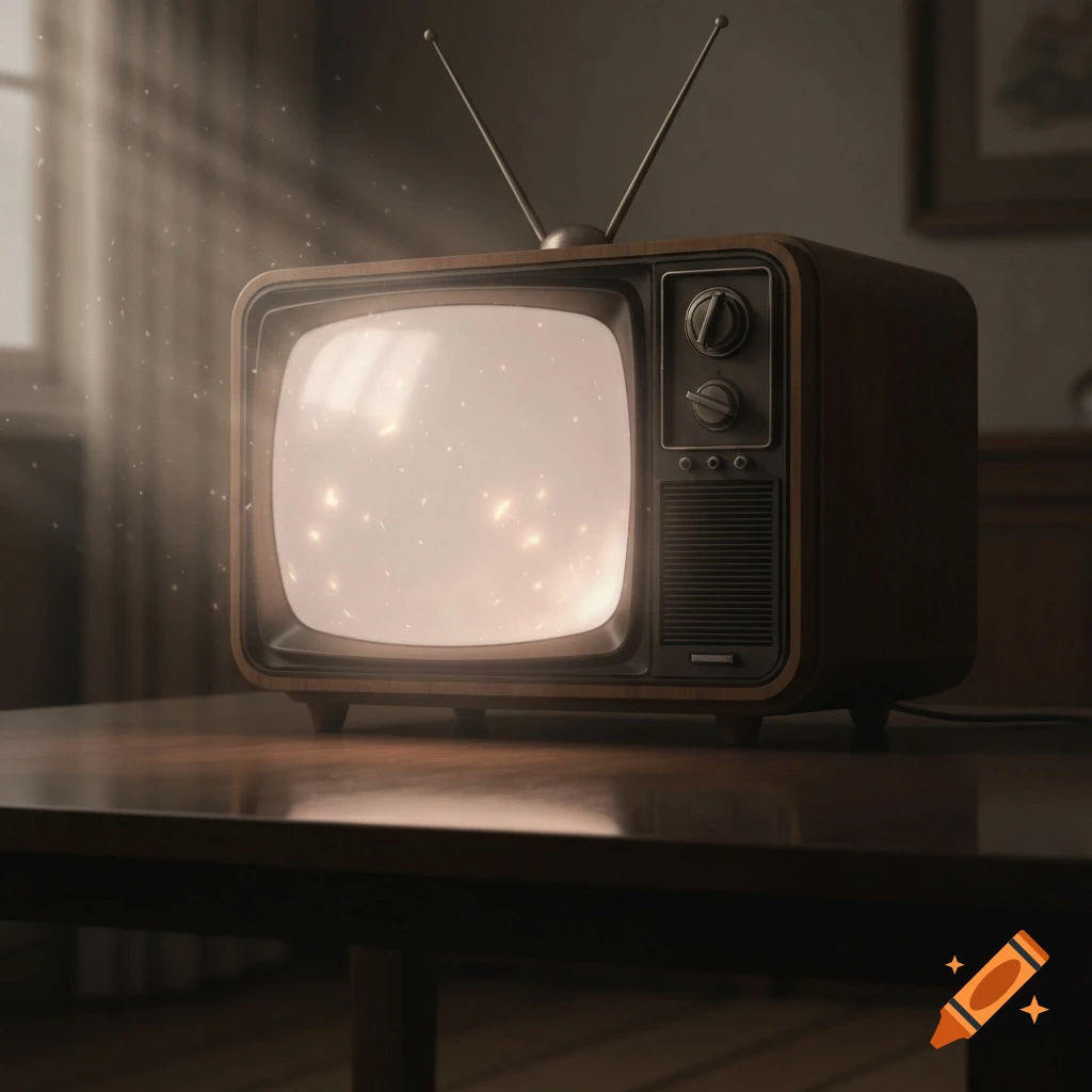 A vintage wooden television with rabbit-ear antennae sits on a wooden table, its screen glowing with light particles.