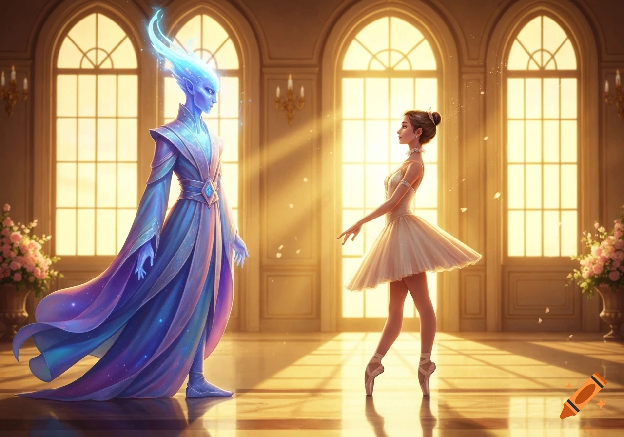 A glowing blue ethereal figure stands opposite a ballerina en pointe in a grand sunlit hall with large arched windows.