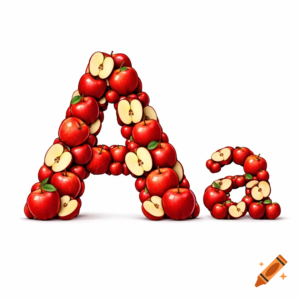 A large uppercase A and a small lowercase a, both formed from red apples and apple halves, against a white background.