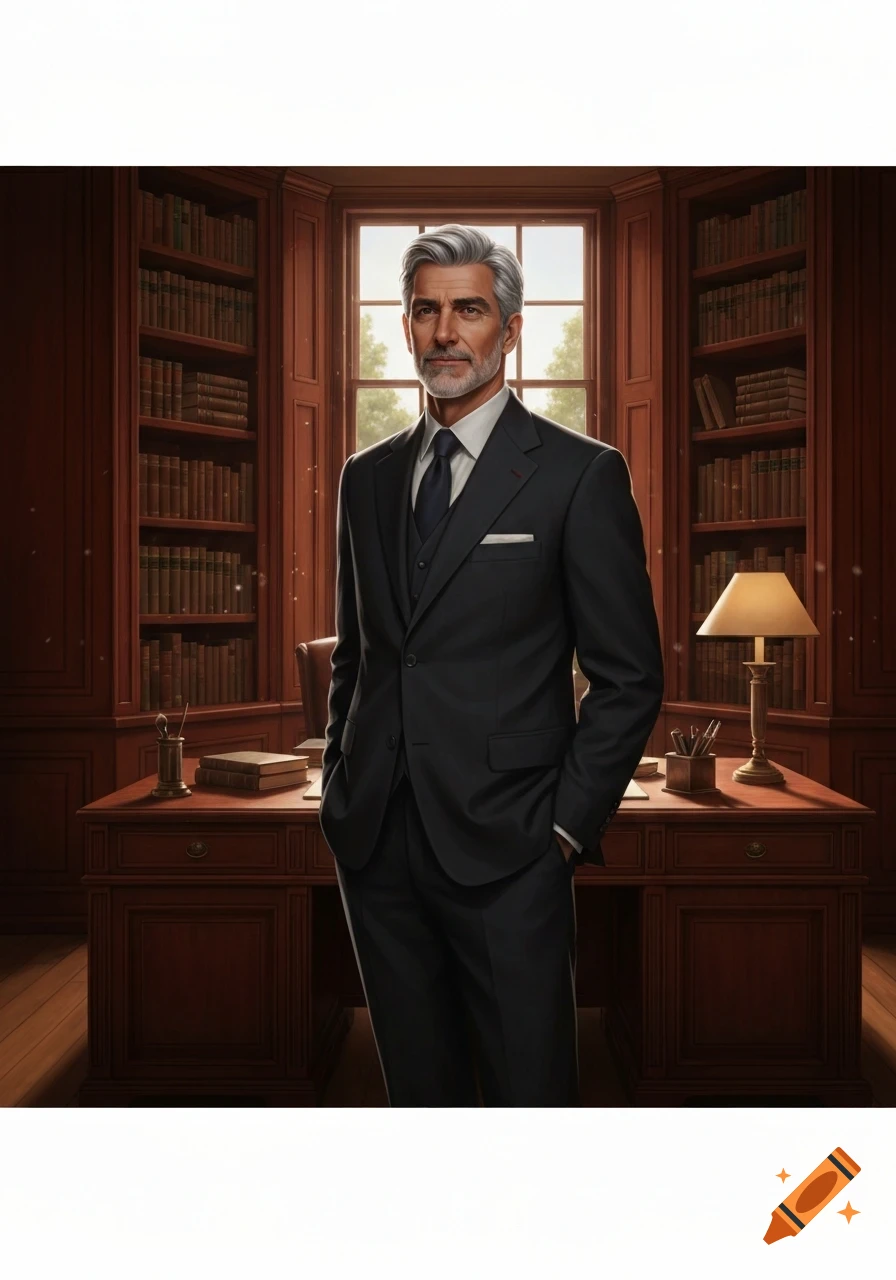 A distinguished man in a dark suit stands confidently in a classic wood-paneled office with bookshelves and a large window.