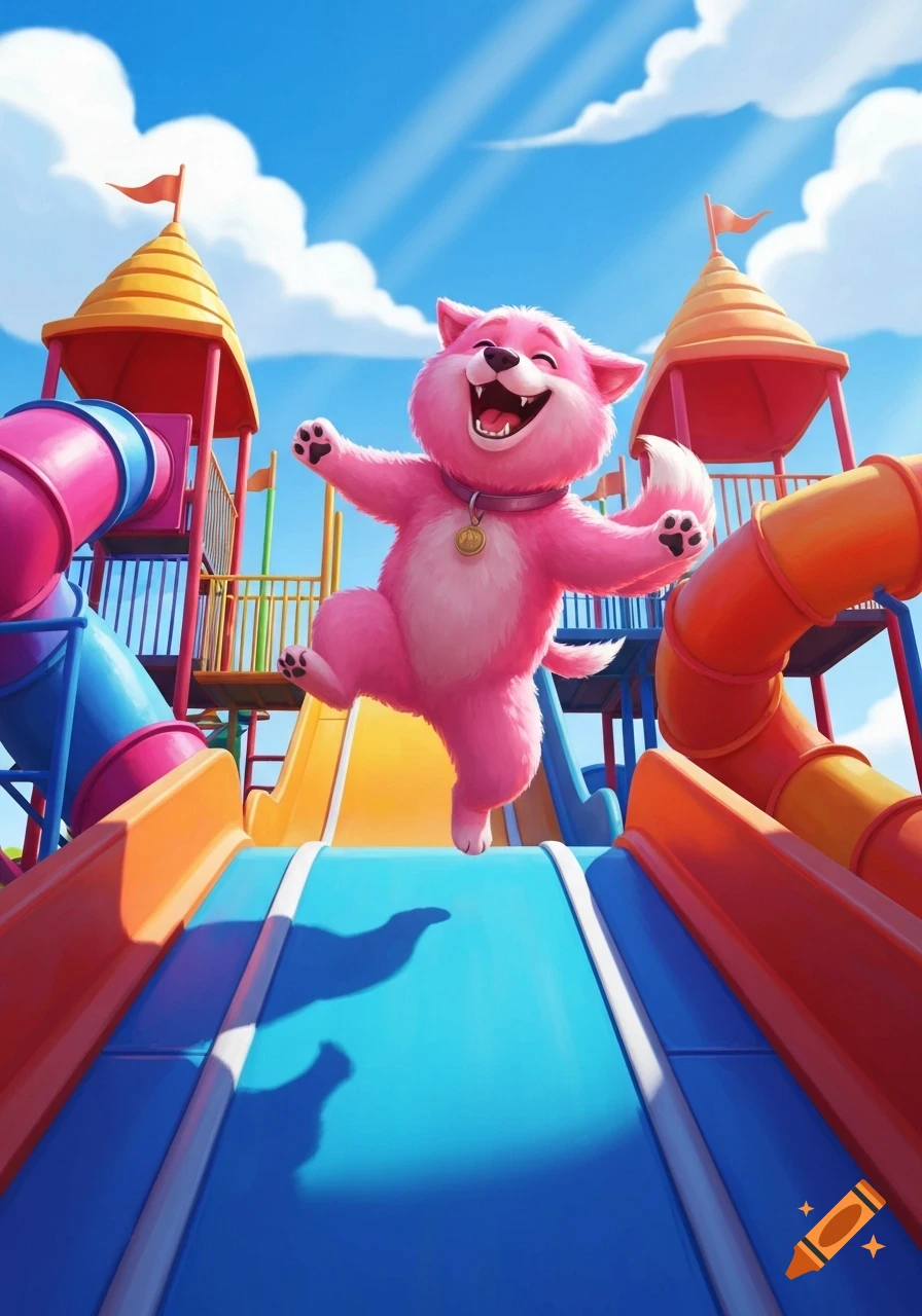 A happy pink dog jumps on a colorful playground slide in a bright cartoon style.
