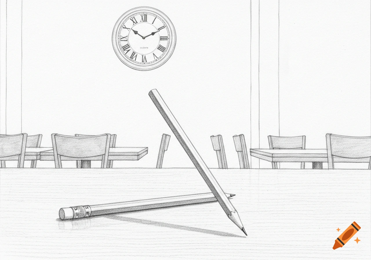 A pencil drawing of two pencils on a table in a dining room with a clock on the wall.