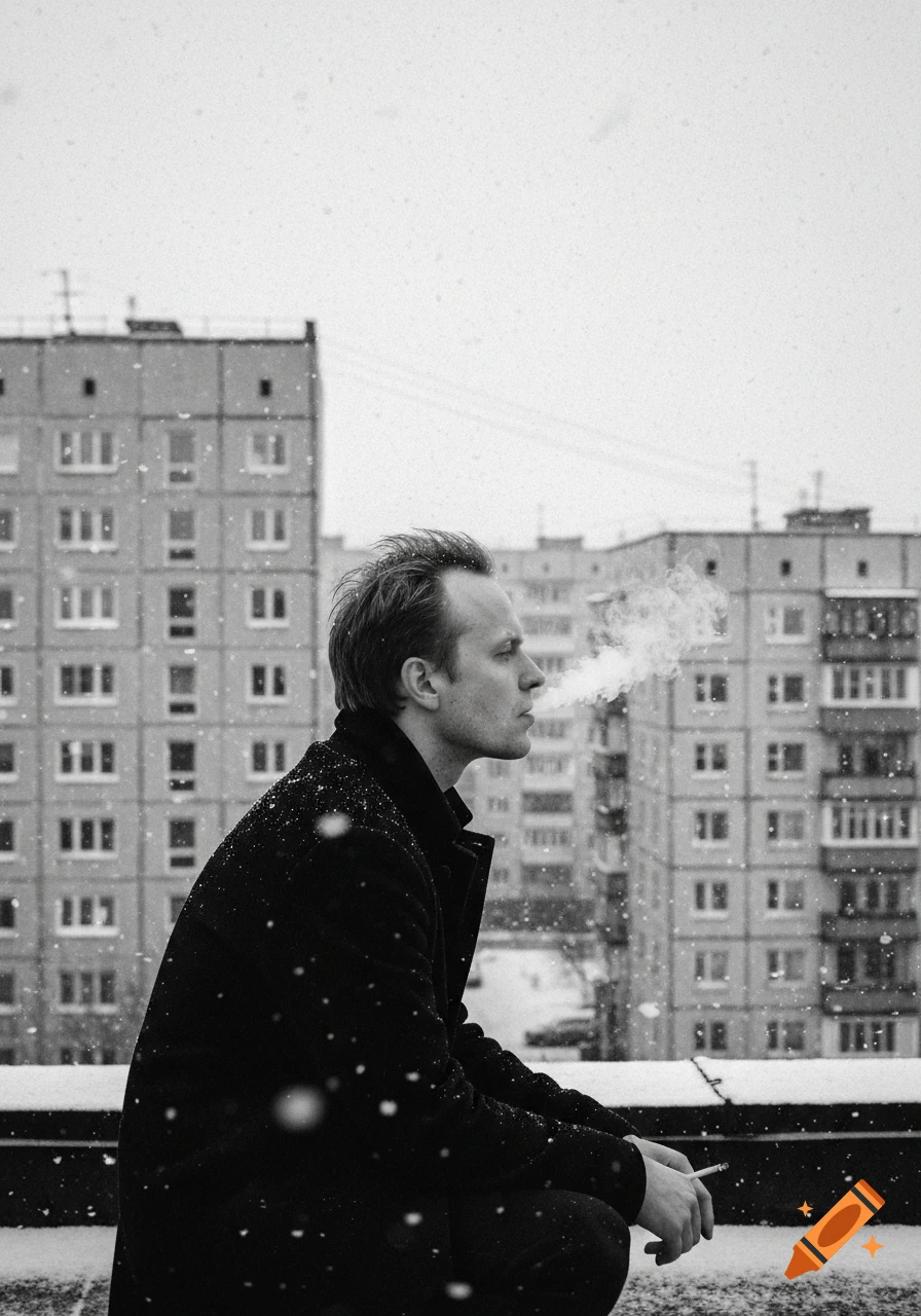 A black and white, cinematic photograph of a man exhaling smoke on a snowy rooftop with gray apartment buildings in the background.