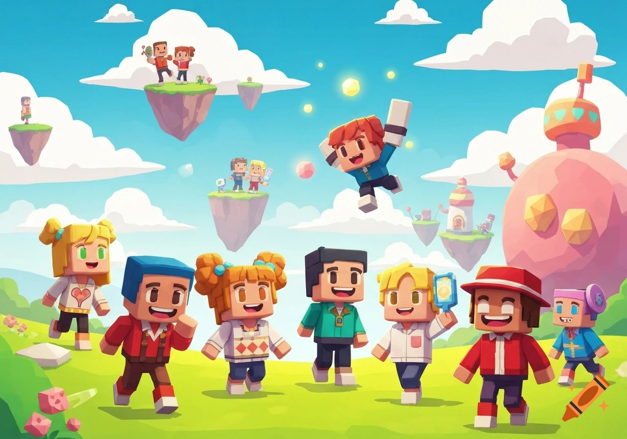 Blocky cartoon characters in a vibrant, grassy landscape with floating islands and a blue sky.