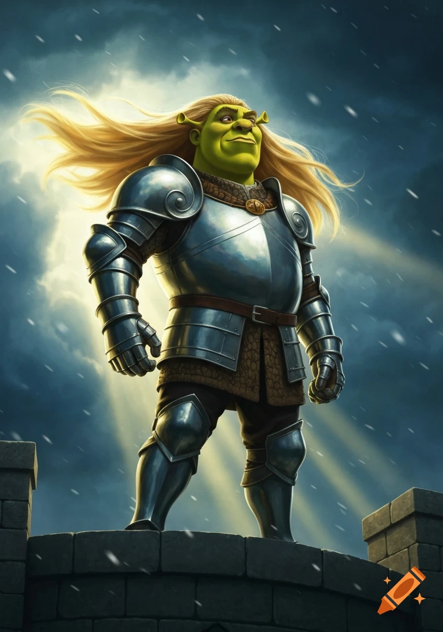 Shrek in shining knight's armor with long blonde hair, standing heroically on a stone battlement against a cloudy sky with light rays.