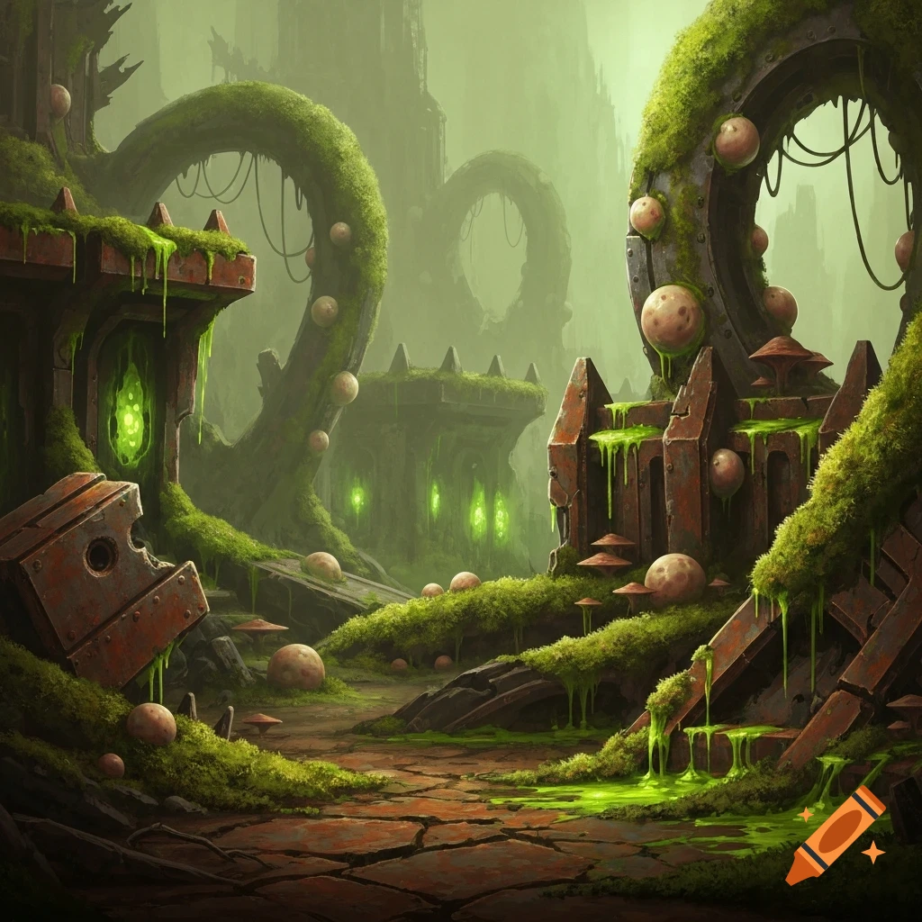 Overgrown, moss-covered sci-fi fantasy ruins with glowing green elements and fungi under a hazy sky.
