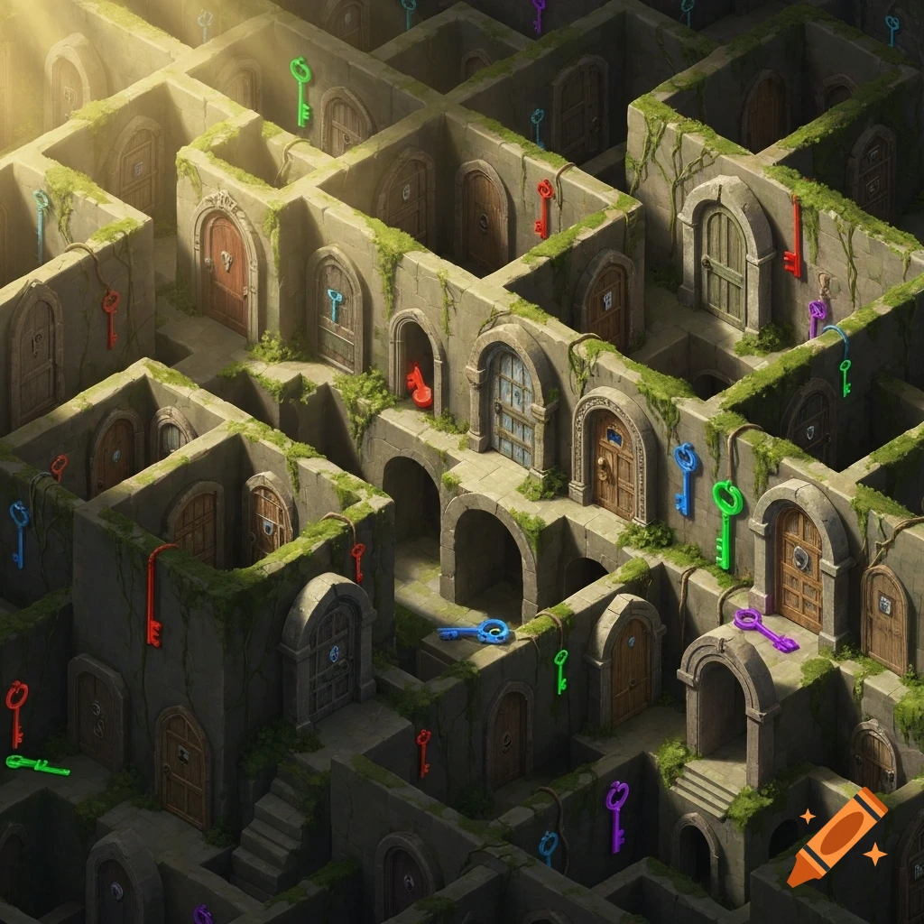 Detailed isometric labyrinth with stone walls, moss, numerous archways and doors, and scattered glowing colored keys, bathed in sunlight.