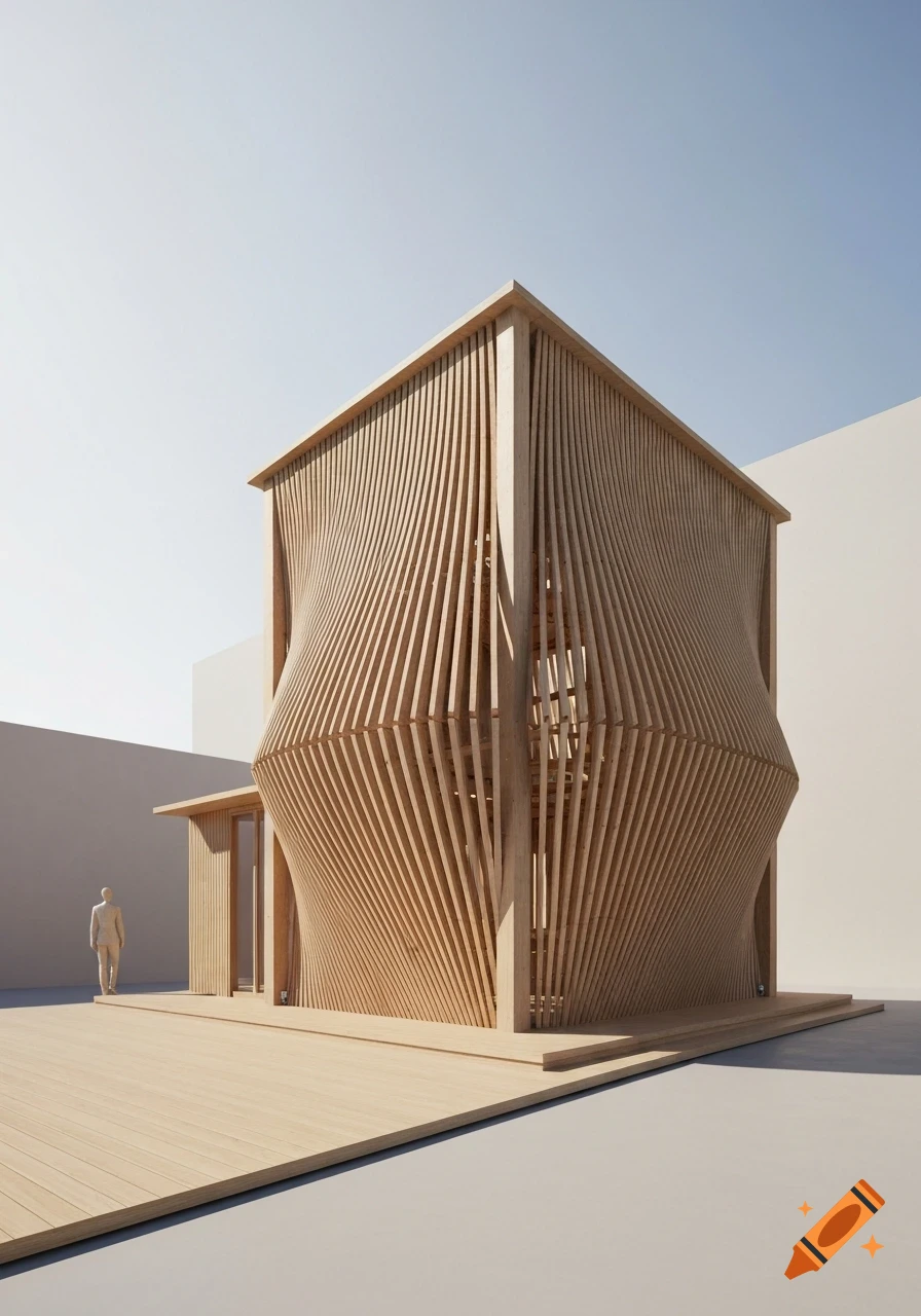 A photorealistic render of a modern wooden pavilion featuring a dynamically twisting, slatted facade in a minimalist outdoor setting.