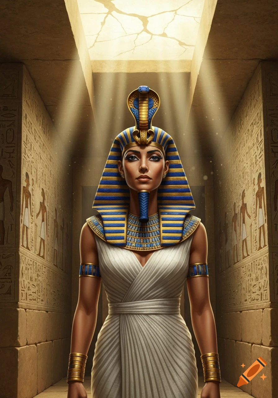 A majestic woman in an Egyptian pharaoh's headdress and white gown stands in a sunlit ancient tomb with hieroglyphic walls. Photorealistic.