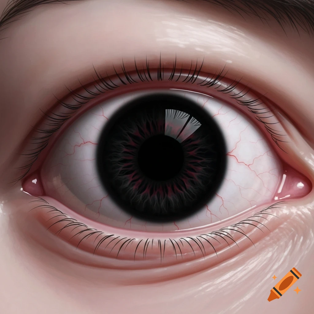 A close-up, stylized digital painting of a bloodshot eye with a dark, intricate iris and pupil, giving a slightly creepy appearance.