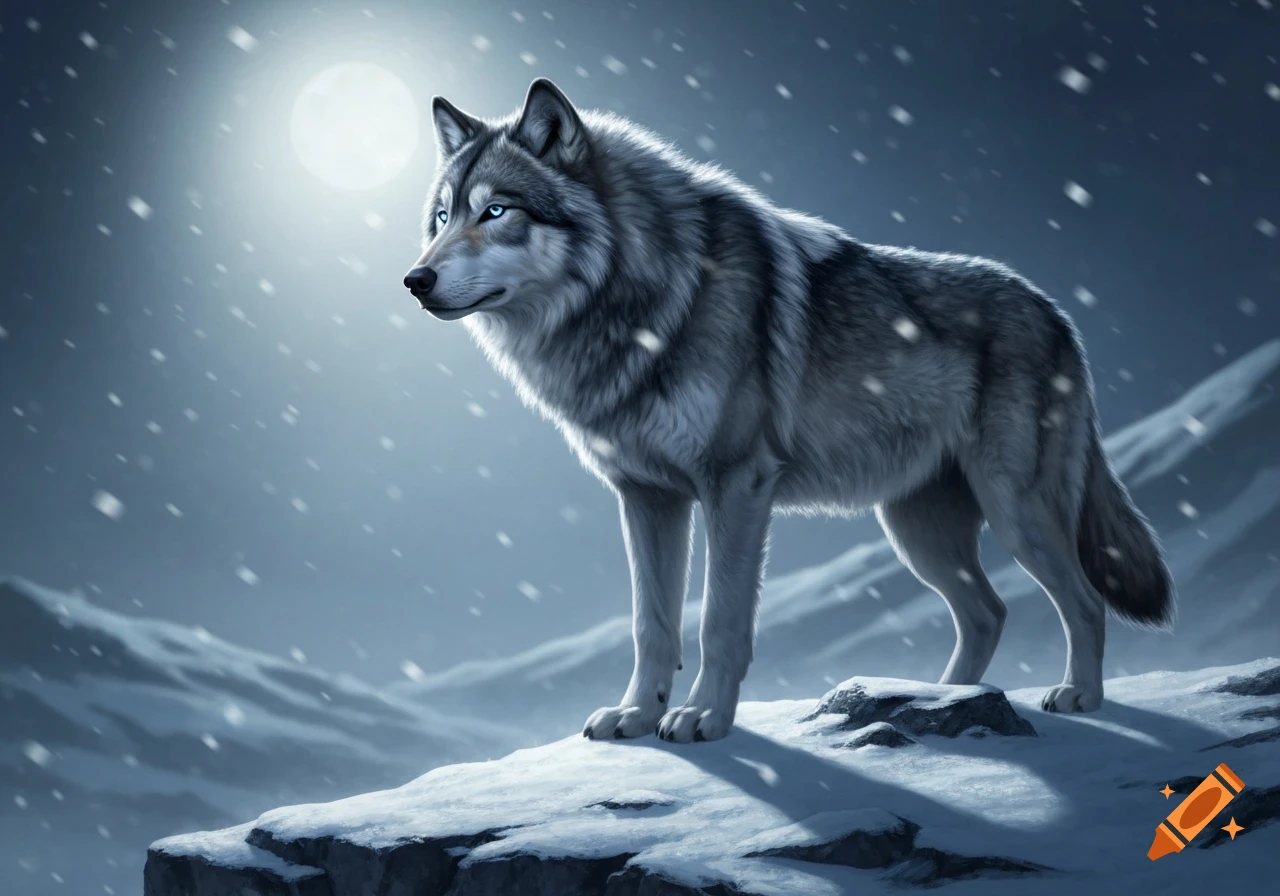 A majestic gray wolf with bright blue eyes stands on a snowy mountain under a full moon, with snow falling.