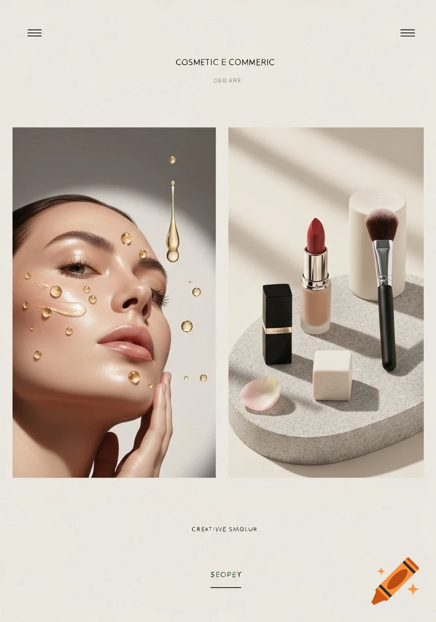 A split image for a cosmetics website. On the left, a woman's face with oil drops representing skincare. On the right, makeup products including lipstick and a brush, all in a clean, neutral style.