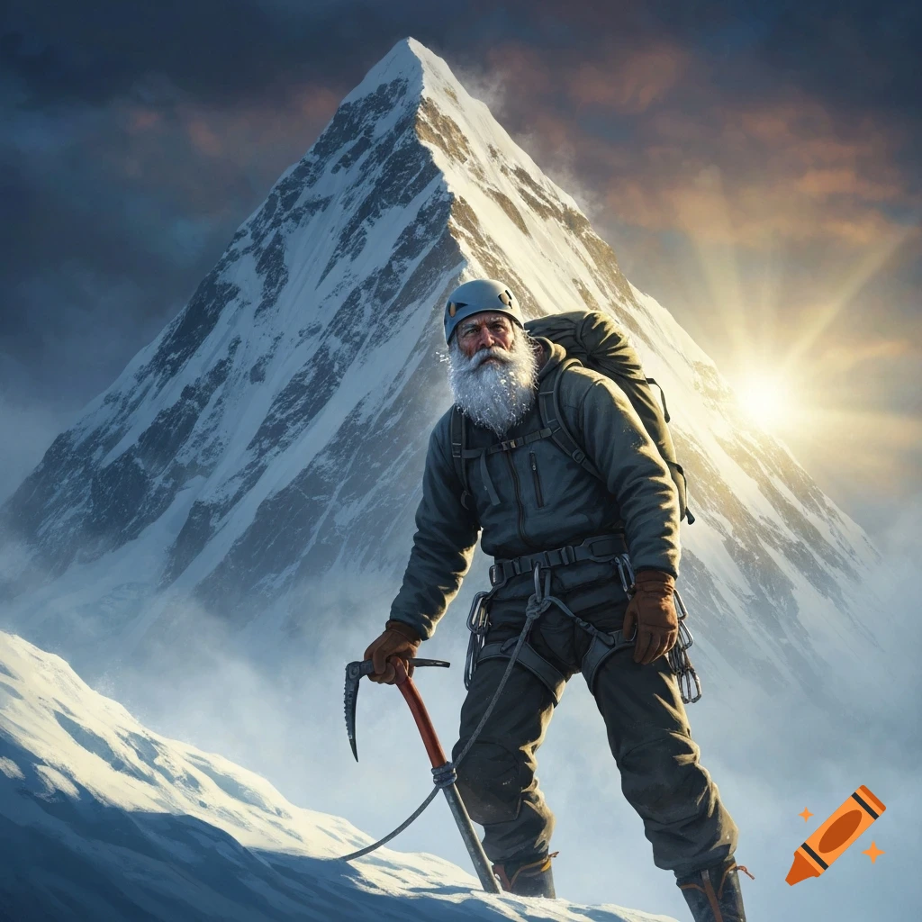 An old climber with a white beard, helmet, and backpack stands on a snowy mountain slope with an ice axe, a huge peak and sunburst behind him. Photorealistic.