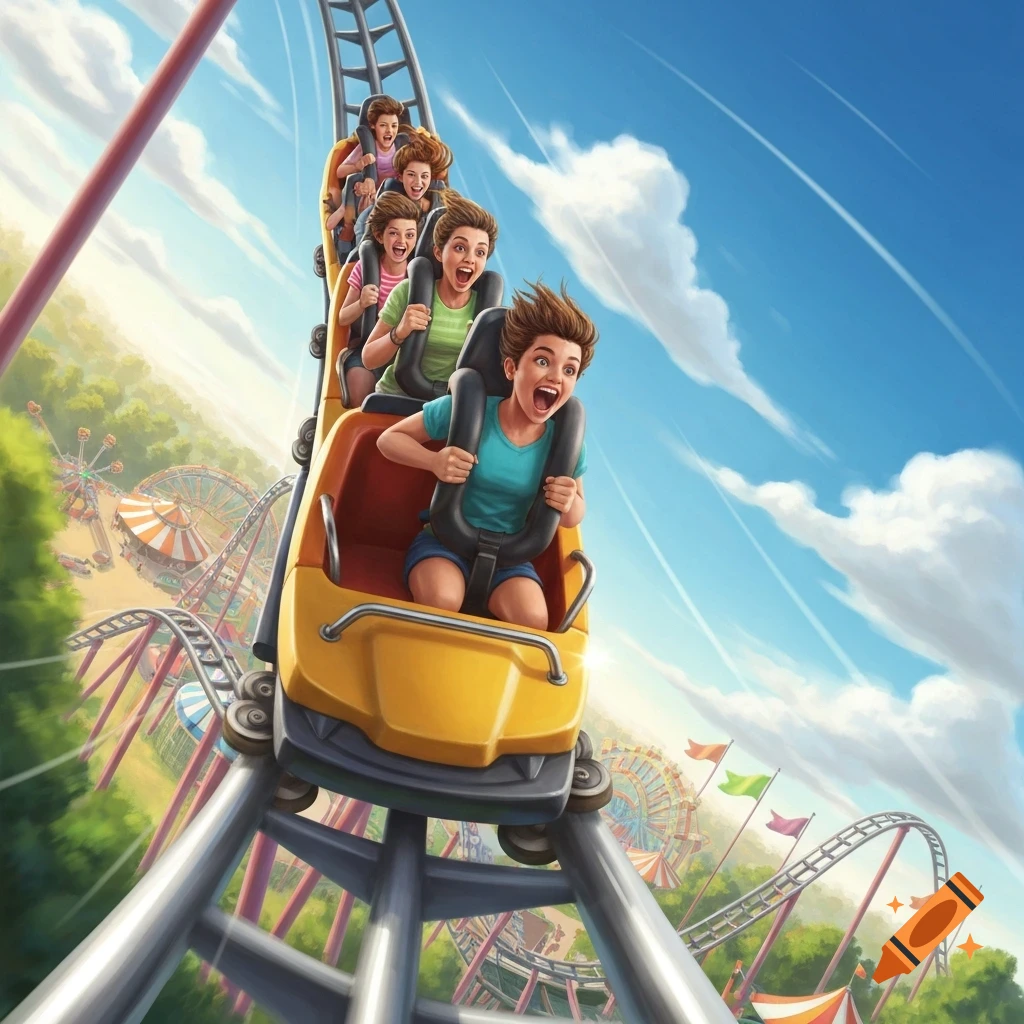 Excited kids ride a yellow roller coaster at an amusement park under a blue sky, with other rides visible in the background. Illustrated style.