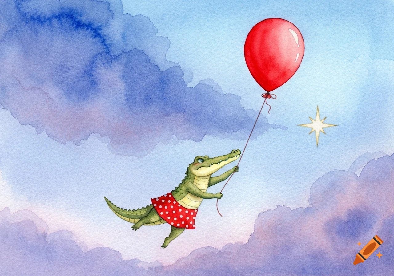 Watercolor illustration of a green crocodile in a red polka dot skirt flying through a cloudy sky with a red balloon, reaching for a star.
