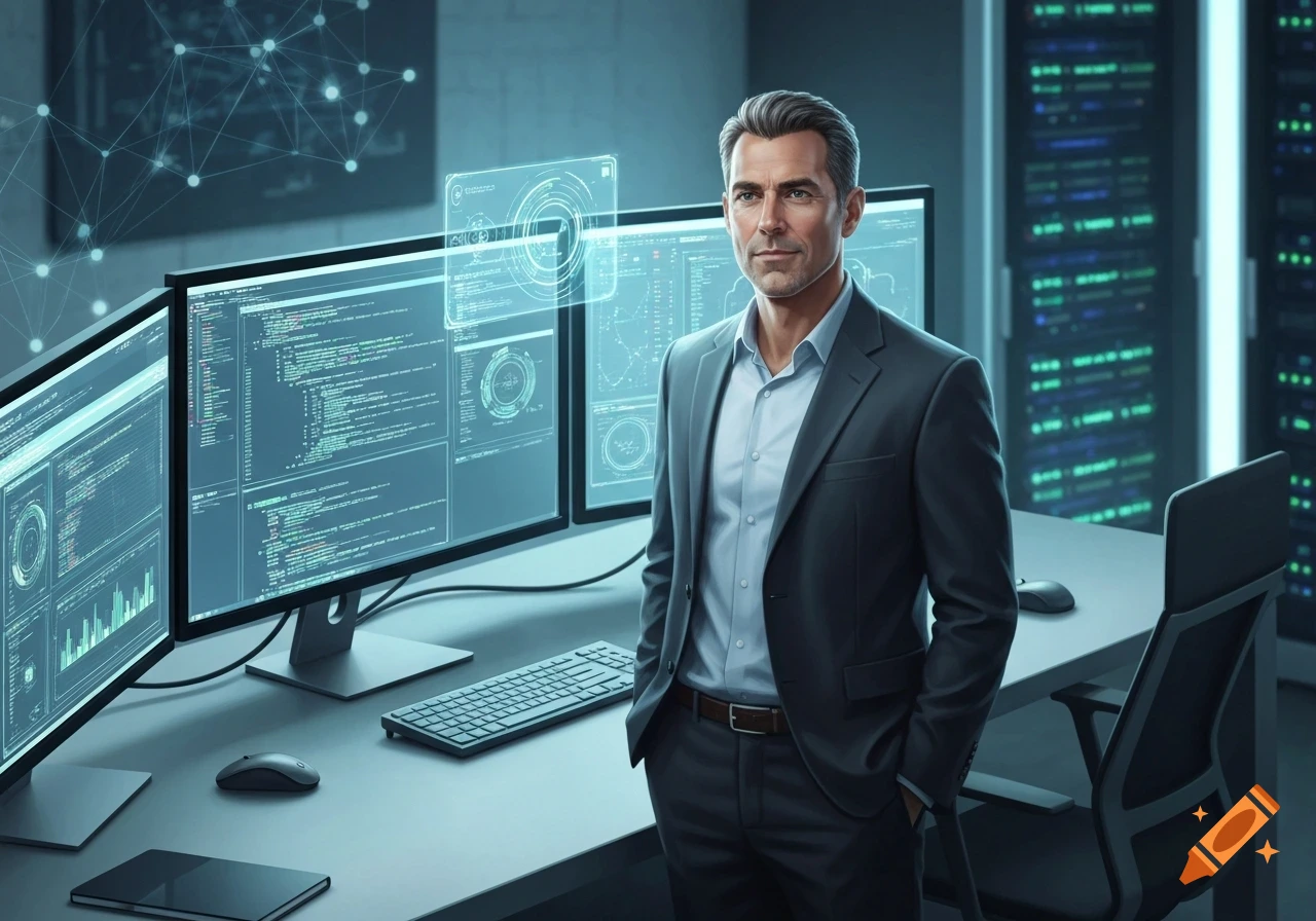 A confident man in a suit stands in a data center with multiple computer screens displaying code and data, photorealistic.