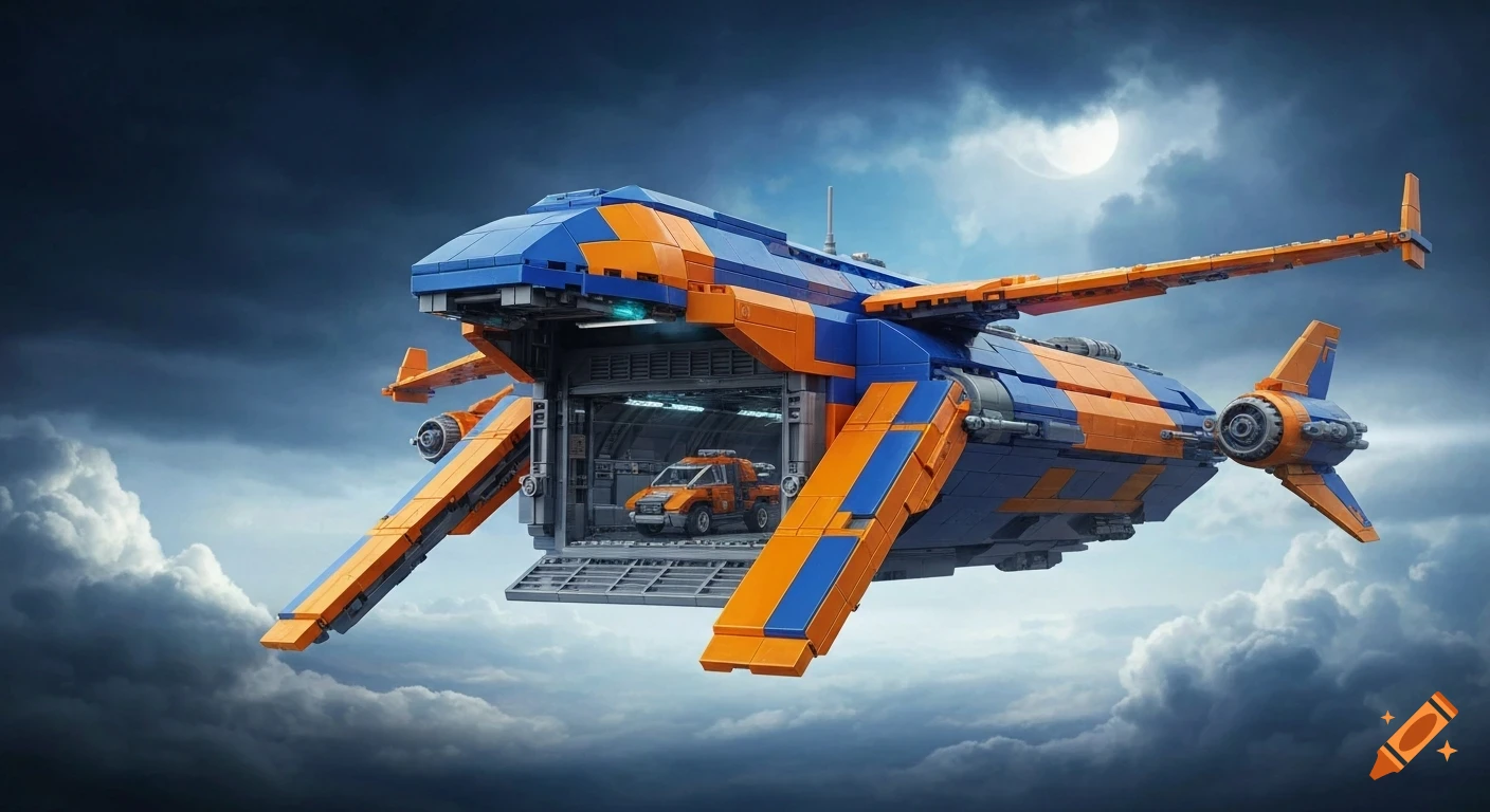 Orange and blue LEGO spaceship with open hangar revealing a smaller vehicle, flying in a dramatic cloudy sky with a moon.